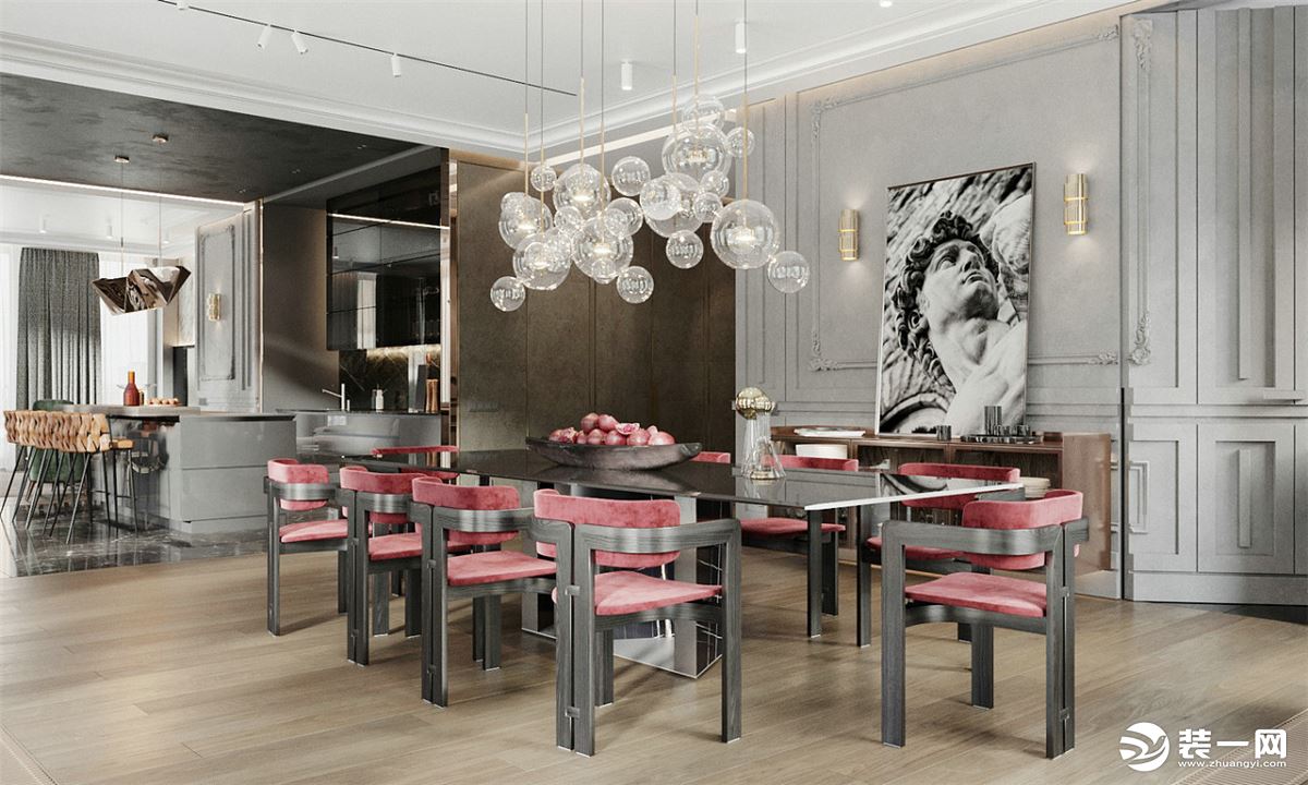 红黑色的餐桌椅，在浅色的空间背景下，一眼就能吸引人眼球；旁边的餐厅柜摆放的装饰画，增加空间的艺术性。