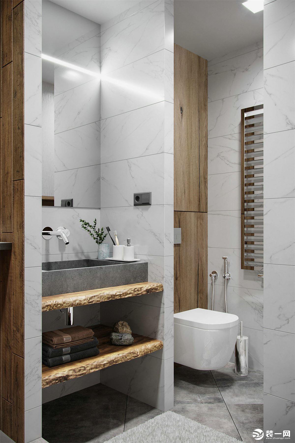 卫浴间的洗漱区与沐浴区进行半隔断，卫浴间做到空间的独立性很重要。