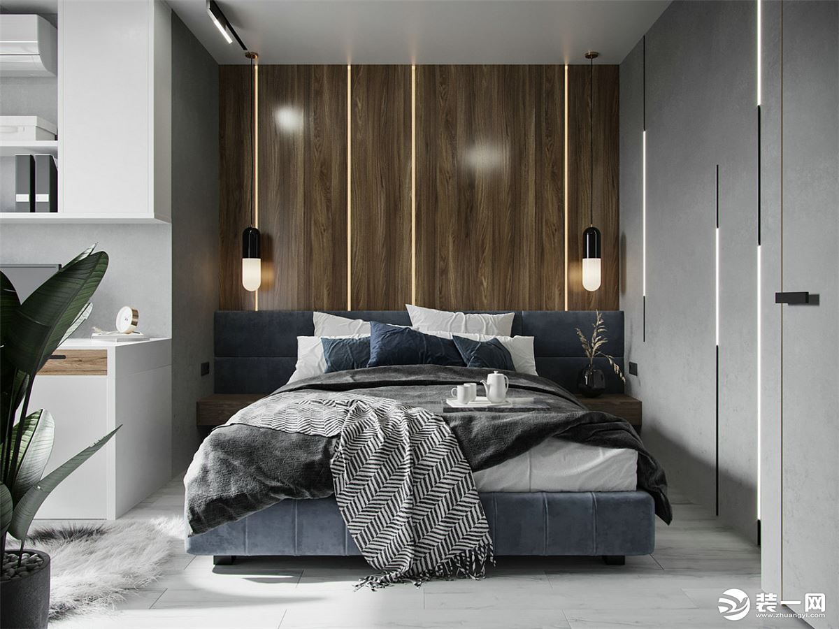 卧室是原木色的背景墙，给人一种温馨舒适的感觉，搭配一些灯带，又显时尚。