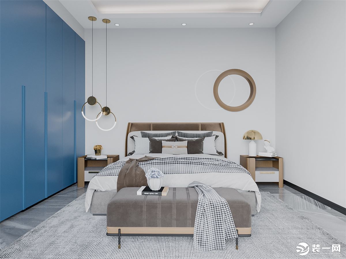灰白色系的打出过、地毯，摆放蓝色的衣柜，卧房大胆撞色，营造一种前卫时尚的视觉效果。