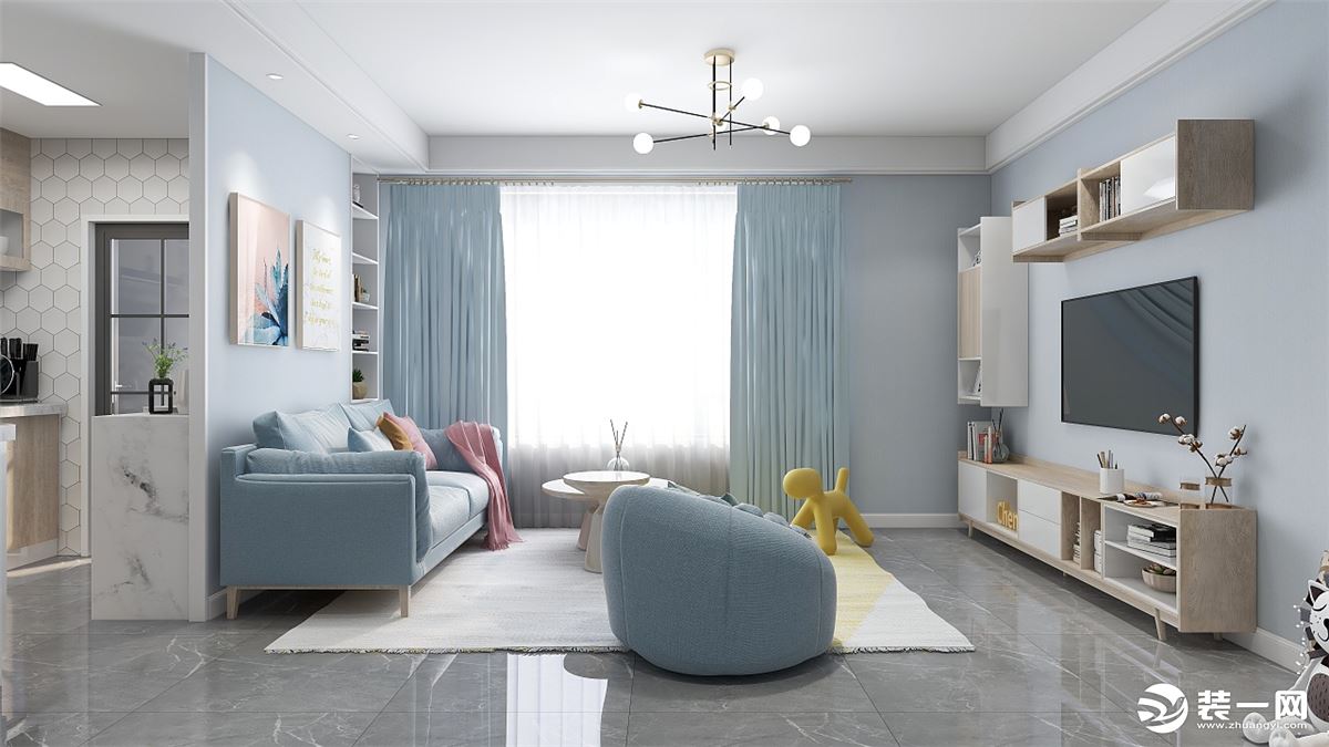 客厅的装饰将蓝色定为主色调，浅色系的搭配，给人一种清新舒适的感觉。