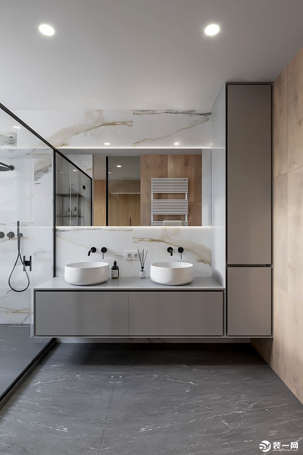 卫浴间的储物柜悬挂在墙上，更方便卫浴间的清洁；淋浴间用玻璃门隔断，防止水花溅出。