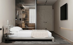 白色的床配上灰色的地毯，将简约现代化的装扮体现的中气十足。