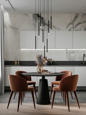 黑色的餐桌搭配棕色的餐椅，加上很有设计感的餐厅吊灯，整个房间看起来十分大气时尚。