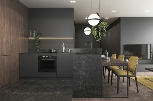 厨房：黑色的厨房特别出效果，它提供了一个对比色，搭配上柠黄色的餐椅，提高单色效果。