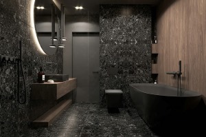 大面积采用黑色，打造高级神秘的空间卫浴间，适当地加入了原木色的装饰，冷暖色的对比，更有层次感。