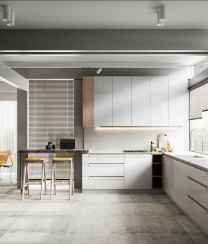 开放式的厨房，显得空间更通透；白色的橱柜，料理台延伸出的小吧台，提升了整个空间的层次感。