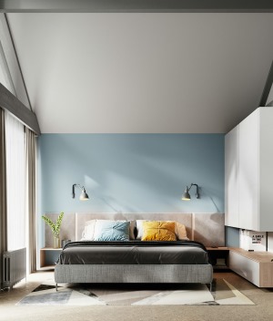 浅蓝色的主卧背景墙，让人感觉更加的宁静，搭配其他颜色的抱枕，显得卧室的色彩感更足。