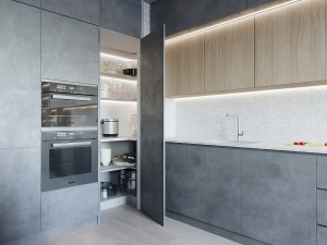 嵌入式的家电安装很省空间，让厨房的风格浑然一体，整齐的排列设计也符合现代人简洁大方的审美观。
