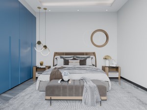 灰白色系的打出过、地毯，摆放蓝色的衣柜，卧房大胆撞色，营造一种前卫时尚的视觉效果。
