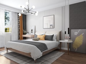 卧室没有用瓷砖铺设，而是选择了实木地板，搭配纯白色的背景墙，妥妥的北欧风格搭配，简洁又好看。