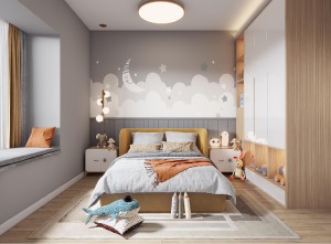 兒童房灰色+木色的裝飾，簡約好看，實木衣柜加上燈帶，更能突出衣柜的特色，同時也為房間帶來一絲絲的暖意