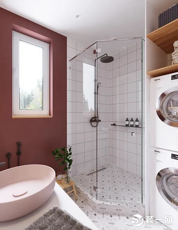 卫生间地面是花砖，淋浴房的墙砖是白色小砖，而淋浴房外的空间则是褐色的空间，洗衣机与烘干机都摆放在卫生