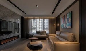  客厅，沉稳的原木色搭配冷淡的灰色为主调，黑色点缀。
