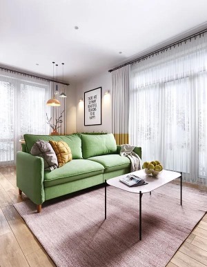 简洁的平顶天花，搭配上简素的白+黄色组合色的窗帘，灰黄配的抱枕，也让空间显得更加清新而高级。