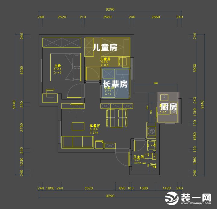 平面规划图，富轩怡家设计师对旧房改造重新规划布局，将厨房挪到阳台位置，暗厨变亮厨，原本只够放下炉灶的