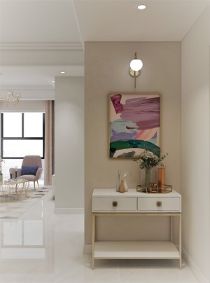 墙体大面积采用的是奶油色，在门厅和沙发背景选择了偏灰的粉色，让空间看起来更有质感