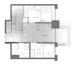  这案子49平小空间居住成员为两大一小，因为本身空间不大，所以设计师在设计中让卧室小一些，尽量让公共