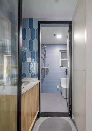 卫生间干湿分区，提高使用效率，长虹玻璃做隔断与门片，干湿区采用蓝紫色瓷砖过渡搭配