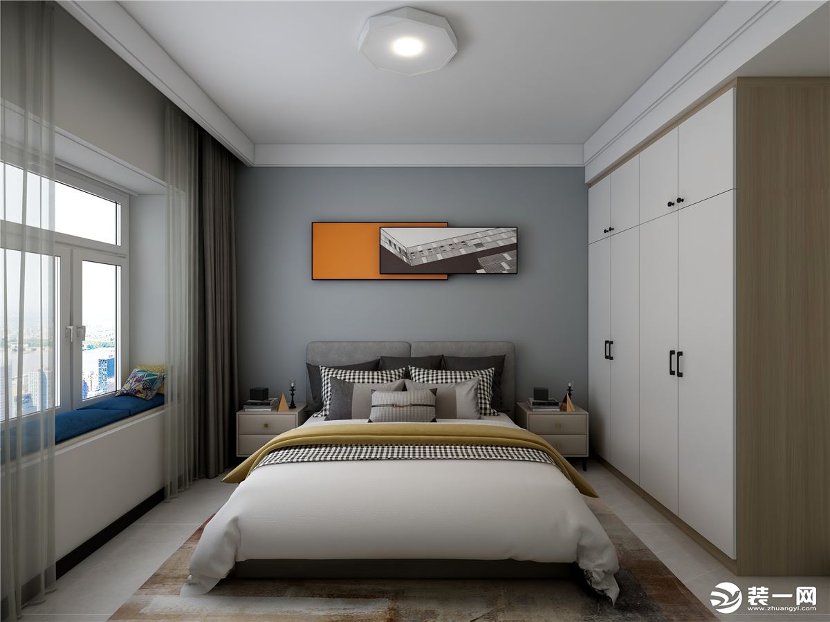 次卧室选用深蓝色及木色柜体白色柜门  使卧室看着更加深沉 及简洁