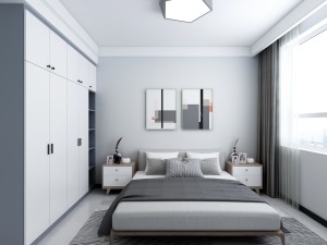 主卧室吊顶采用石膏板叠级处理 卧室墙面颜色选用淡蓝色  空间显的明亮宽敞