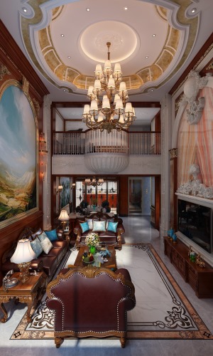 欧式客厅顶部喜用大型灯池，并用华丽的枝形吊灯营造气氛。