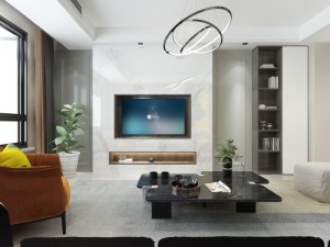 电视背景墙采用大理石装饰，使得整个客厅明亮通透