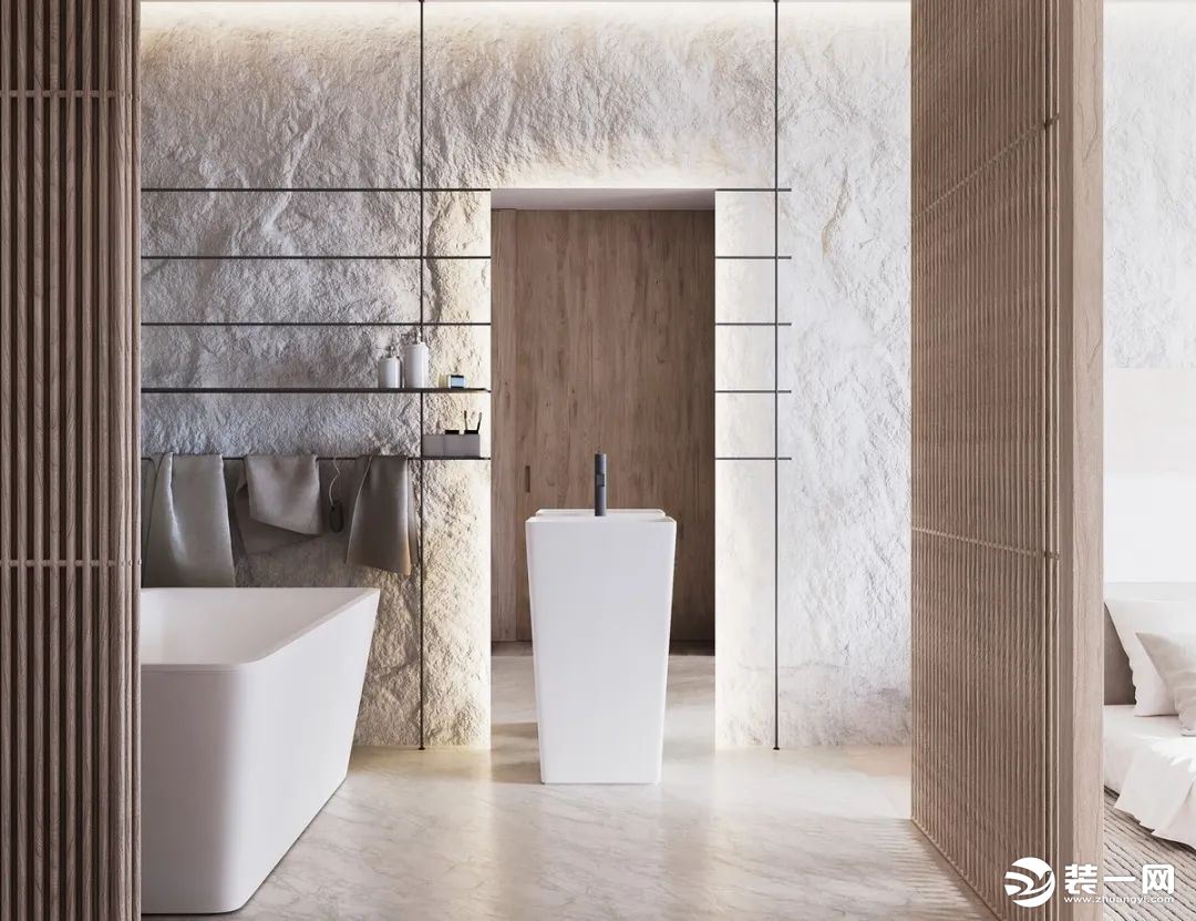 卫生间在雅白的地面砖基础，墙面也是采取粗犷的水泥质感设计，结合简洁实用的展示架，加入浴缸与一体陶瓷洗