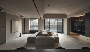 客廳以水泥灰的空間硬裝，沙發背靠背的創意布局，使得開間巨大的客廳有著“兩側”的客廳功能，使得客廳空間