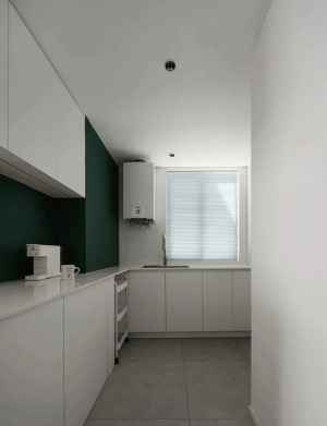 开放式厨房，在整体白色调的基础上，加上了墨绿色防水漆、水泥灰地砖，格调感满满，让下厨也能有好心情。定