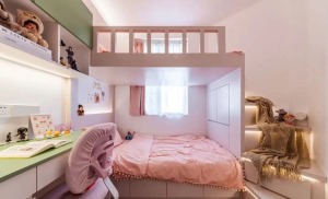 原厨房改成了儿童房，定制了带抽屉+收纳型楼梯+床尾带超大收纳空间的异形结构床，大大增加了空间利用率。