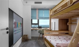 儿童房，采用高低床的设计，可以紧跟时下二胎政策的潮流，还增加了空间利用率。靠窗设置了书桌椅，满足孩子