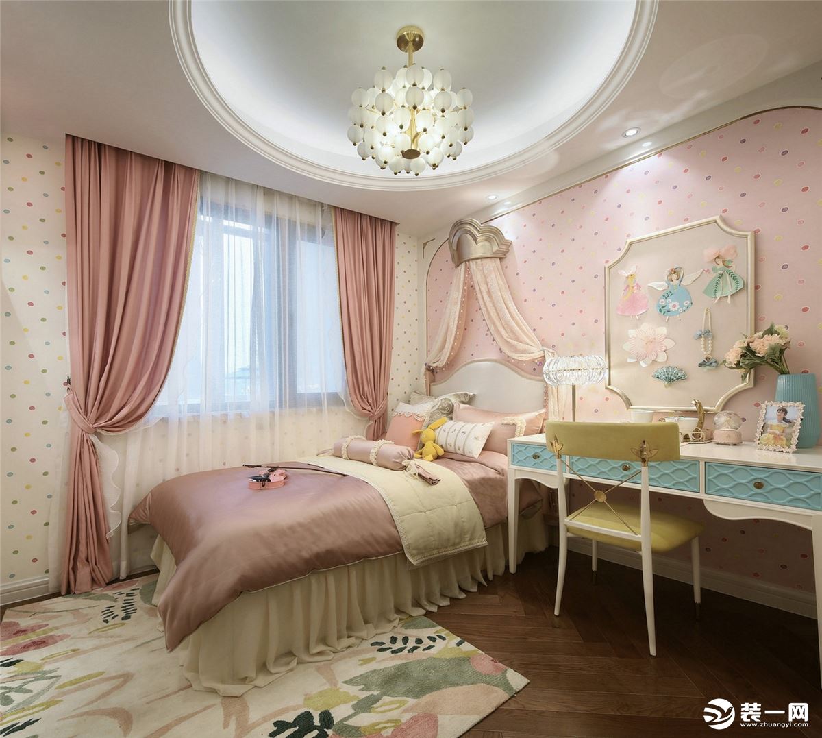 柔美的女孩房，满足了女孩子一颗小公主心，采用梦幻浪漫的藕粉色，勾勒温馨含蓄的画面。