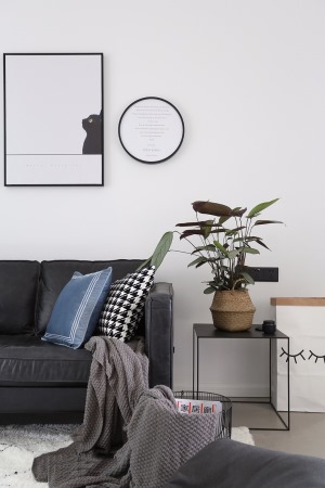 沙发墙的抽象图案的挂画，搭配黑色台面的边几，与深色沙发相呼应，带来的是一种高级的成熟气质。