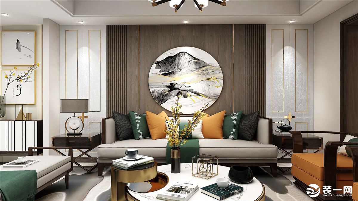 新中式风格-客厅沙发背景墙装修效果图