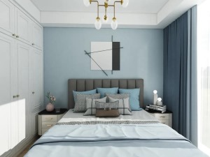 主卧设计旨在干净舒适。蓝色的墙面搭配同色系窗帘，布艺软床搭配柔软亲肤的床品，使卧室空间显得和谐、有层