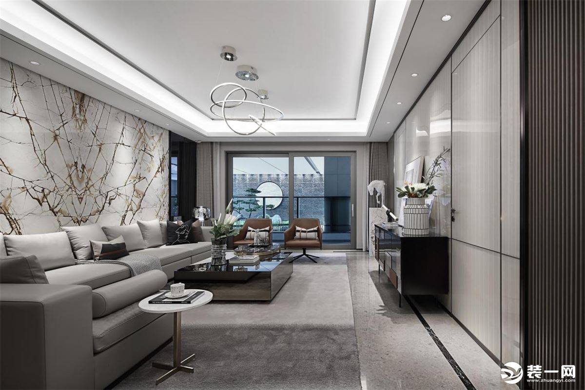 客厅空间的设计，通过块面和线条的塑造使其更具包容性。