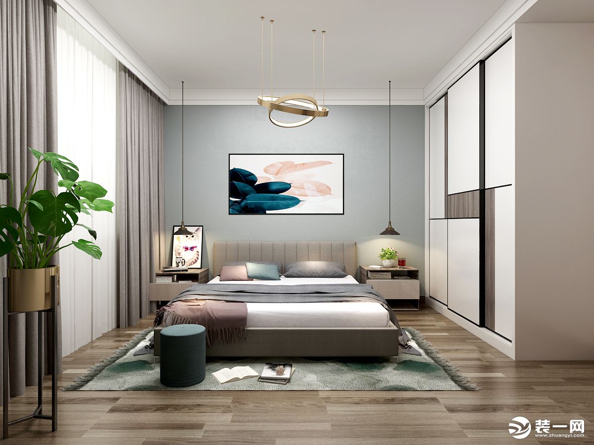 卧室在设计上，主要以舒适和个人喜好为主，主卧在色彩上以米黄色和胡桃木色为主，创造意境的是床头两侧的小