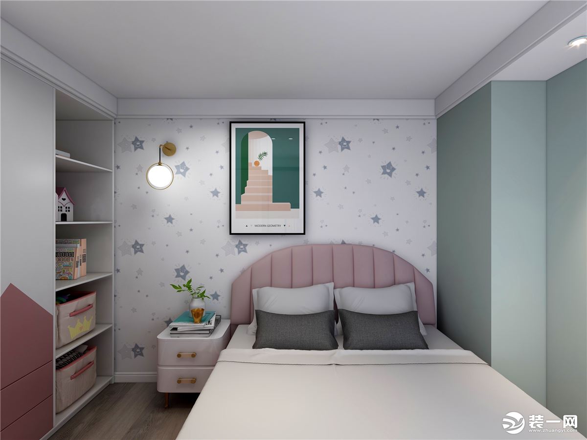 二层儿童房：浅橄榄绿的墙面搭配卡通墙布，粉色软装作为点缀赋予了儿童更多的想象力