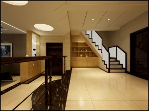 楼梯下面，设计师巧妙运用装饰柜作为装饰，同时也合理利用空间化。
