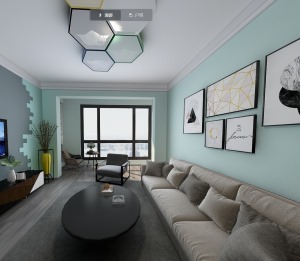 客廳整個墻面以淺藍色為主色調，背景墻灰色為點綴，