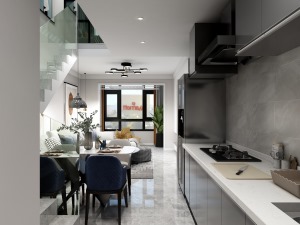 厨房：利用入户过道做开放式厨房，节省空间增添了与客厅的互动