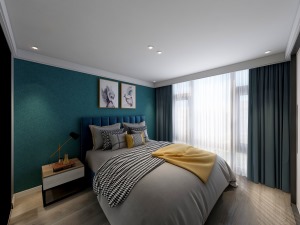  二层主卧室：床头背景做蓝绿色暗纹墙布搭配整体浅亚麻灰色墙布温馨富有情调