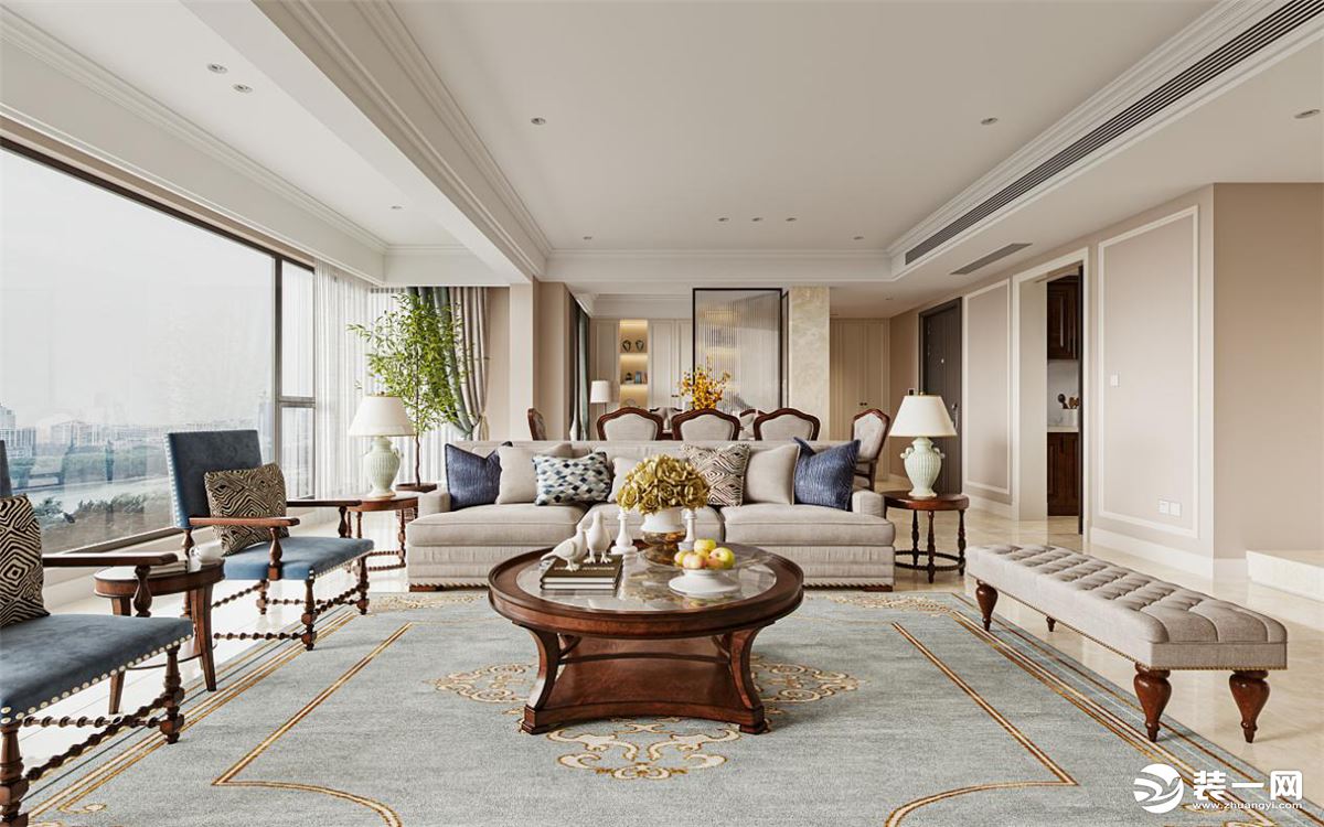 米色的软装，加入水浅葱色的地毯，增加了空间的层次感，也增加了空间的色彩，让客厅更添活力。