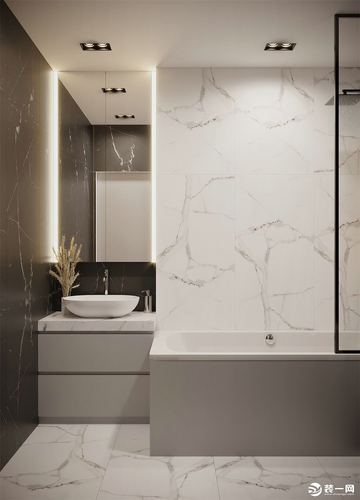 卫浴间，洗手盘和浴缸呈“一”字形装饰，高低面的效果，给人视觉上的落差。