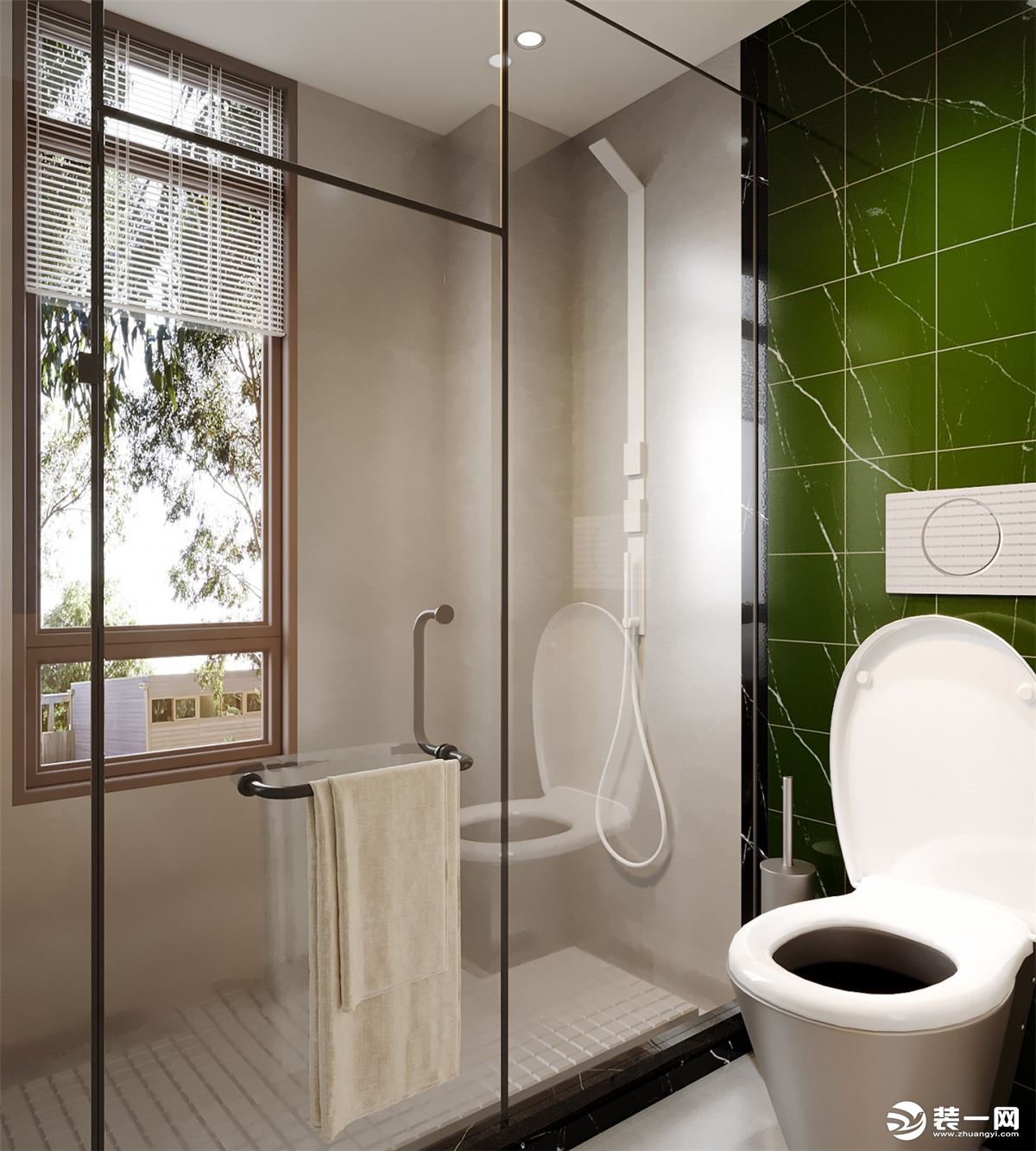卫生间白色的地砖搭配一抹绿色，别有一般风味。