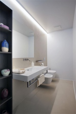 卫生间墙面采用了木质地板，清爽整洁，左侧收纳柜子收纳功能也很强大。