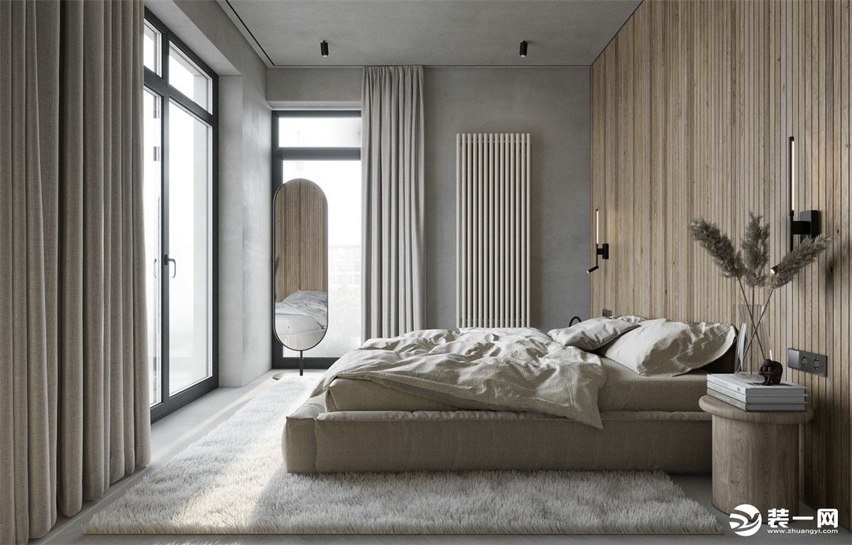 卧室 整个空间以干净利落的线条和造型的陈设，拉开空间层次，暖色调的配色点缀，增加设计中沉稳轻奢
