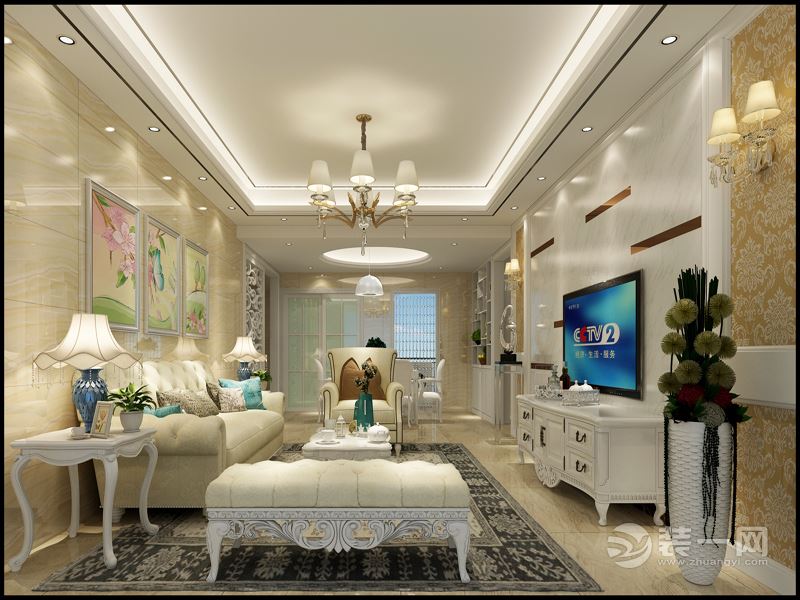 象牙白的家私把客厅显得更为时尚而典雅，客厅尽显奢华。