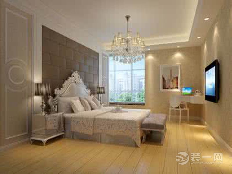 这件卧室也是尽显奢华与时尚，深咖色的背景墙把卧室装扮的格外时尚。。。